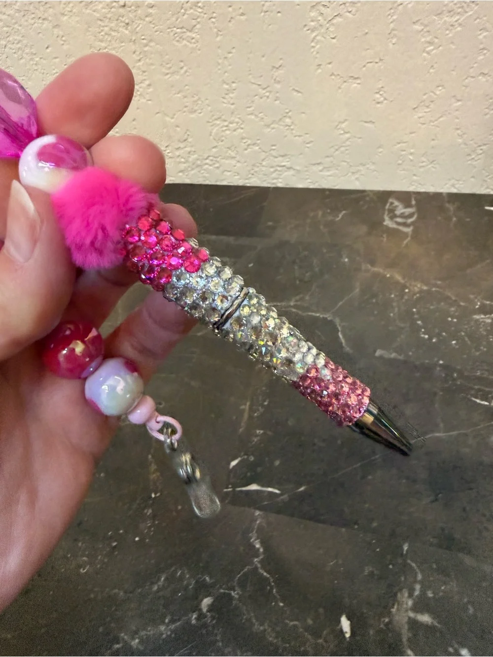 Pink Fur Stethoscope Rhinestone Beaded Pen and Matching Badge Reel Set Handmade